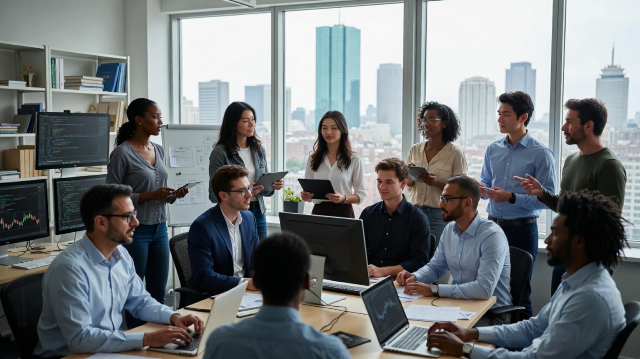 Collage showing Boston skyline and diverse AI professionals