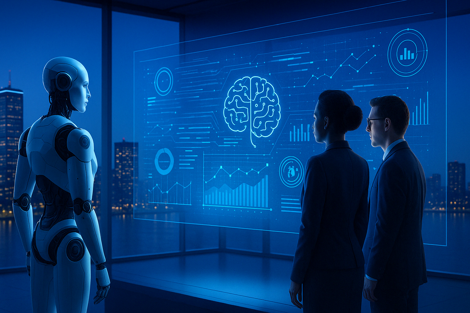 Humanoid robot collaborating with professionals around holographic data display